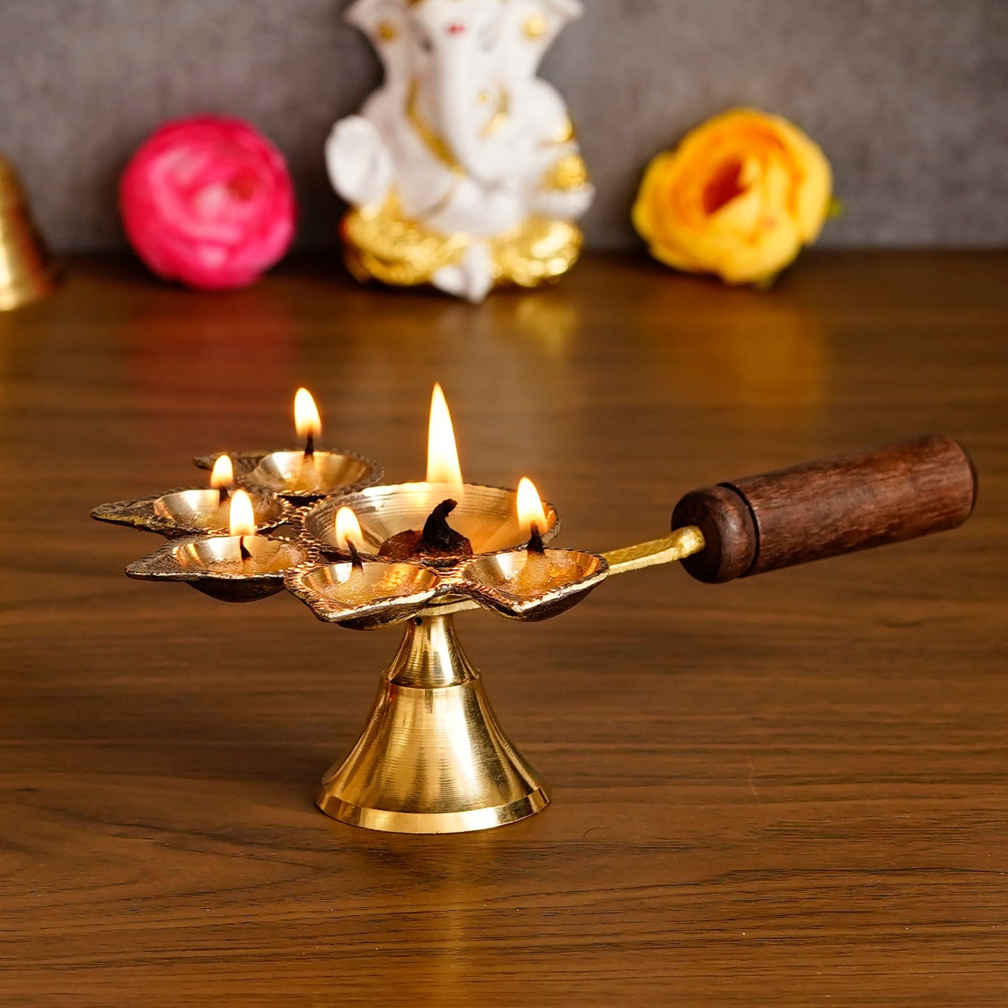 HomeSutra Brass Panchdeep Diya for 5 Cotton Wicks With Wooden Holder