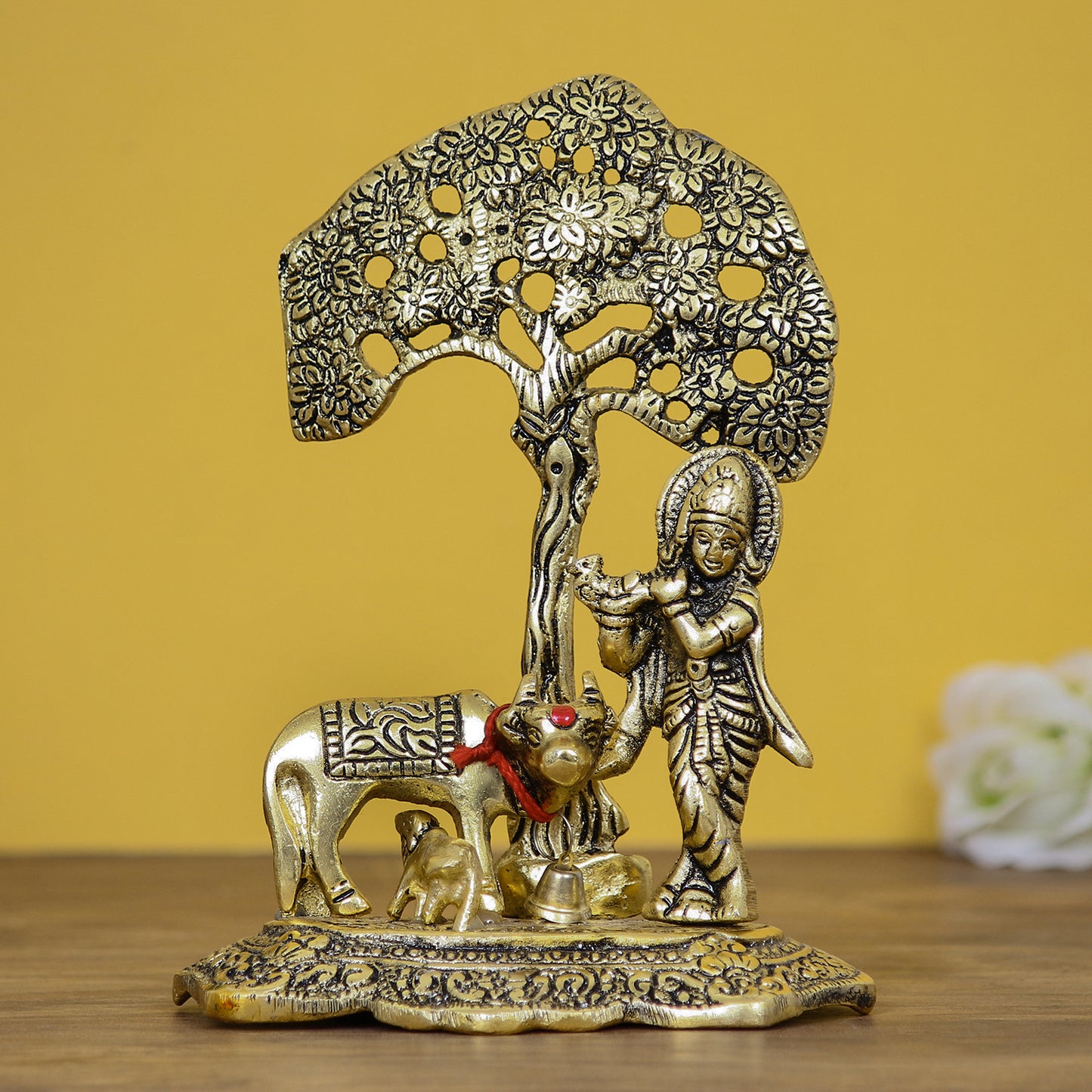 HomeSutra Lord Krishna playing Flute under Tree with Golden Cow and Calf Showpiece