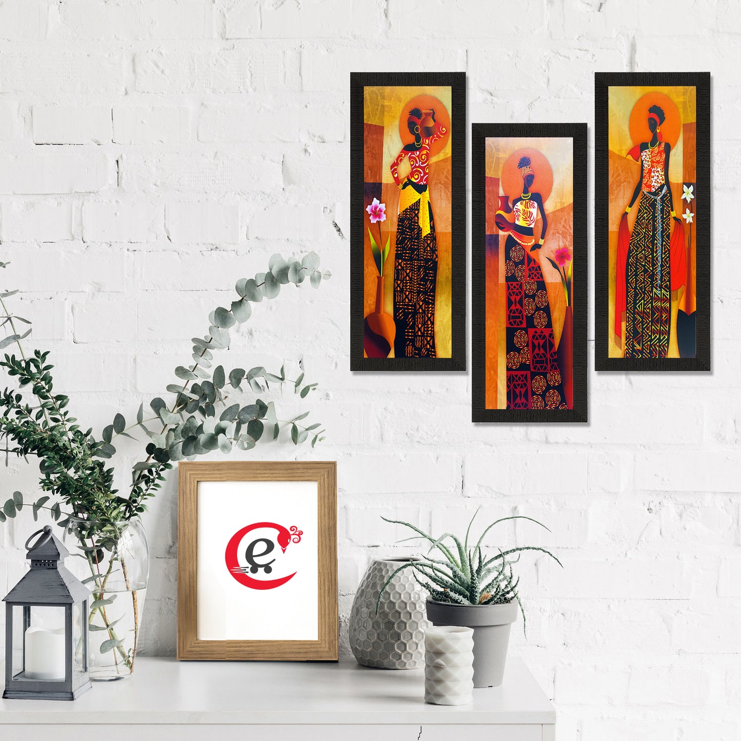 HomeSutra Set Of 3 Tribal Village Ladies Satin Matt Texture UV Art Painting