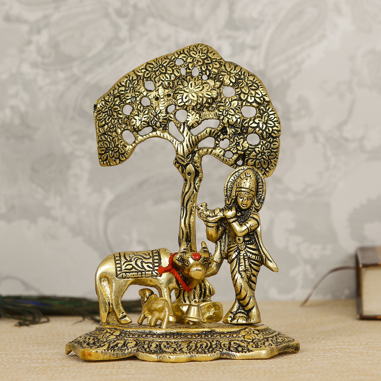 HomeSutra Lord Krishna playing Flute under Tree with Golden Cow and Calf Showpiece