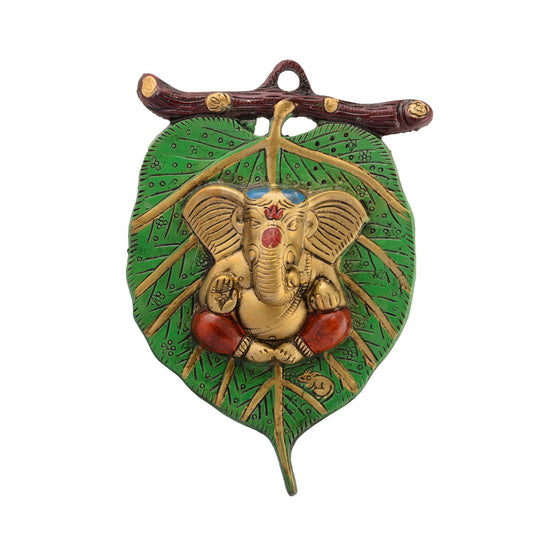 HomeSutra Lord Ganesha in Red Dhoti on Green Leaf Wall Hanging