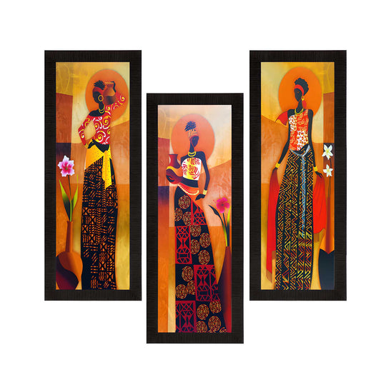 HomeSutra Set Of 3 Tribal Village Ladies Satin Matt Texture UV Art Painting