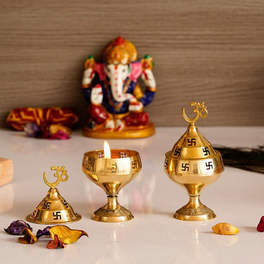 HomeSutra Set of 2 Om and Swastik Brass Diya