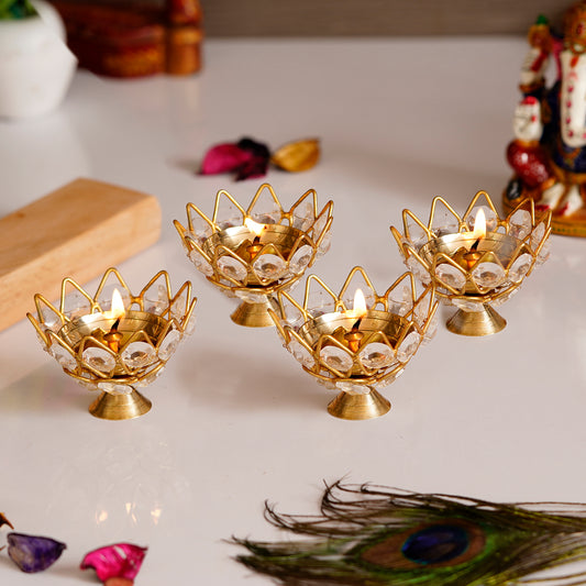 HomeSutra Set of 4 Lotus Shape Crystal Tea Light Holder