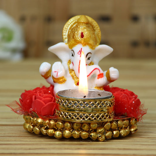 HomeSutra Lord Ganesha Idol on Decorative Plate with Tea Light Holder