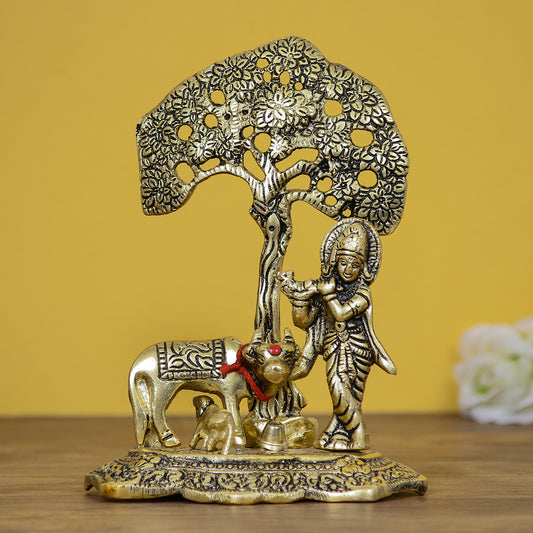 HomeSutra Lord Krishna playing Flute under Tree with Golden Cow and Calf Showpiece