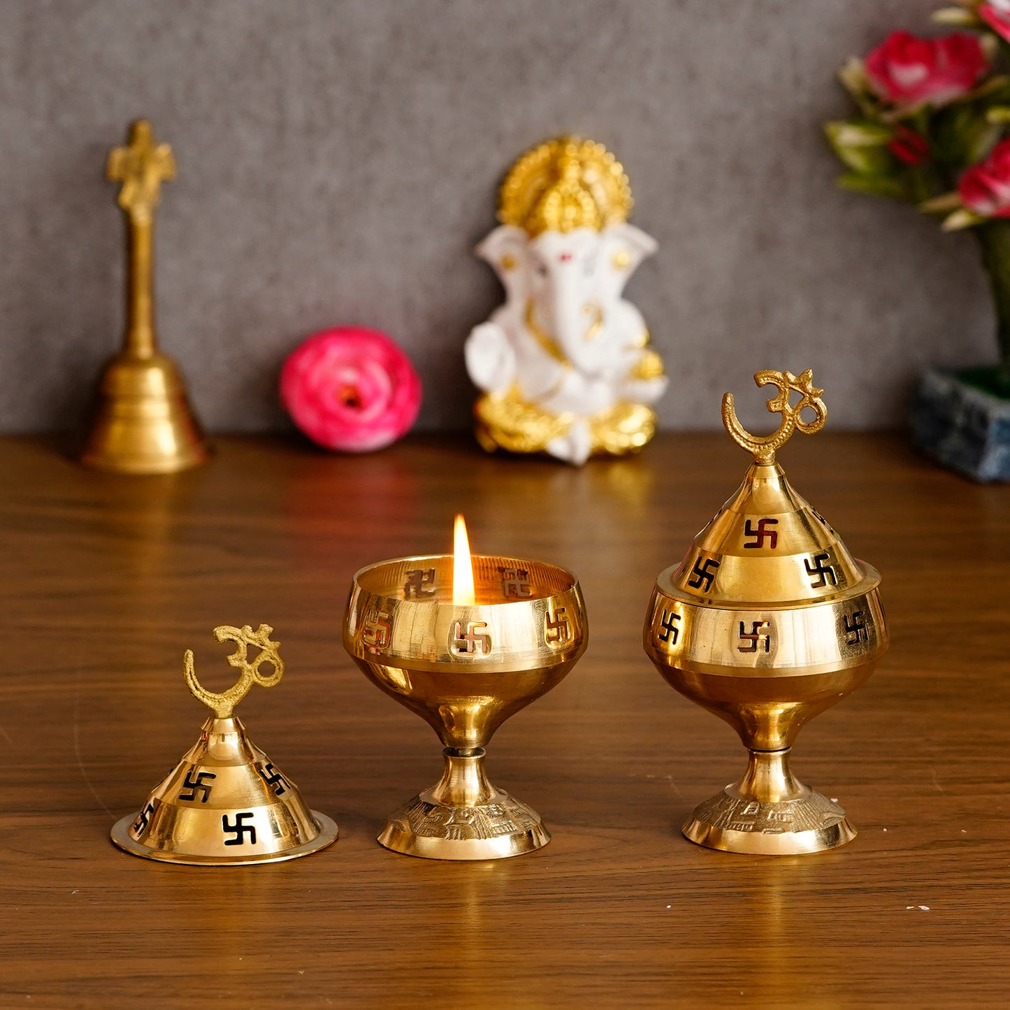 HomeSutra Set of 2 Om and Swastik Brass Diya