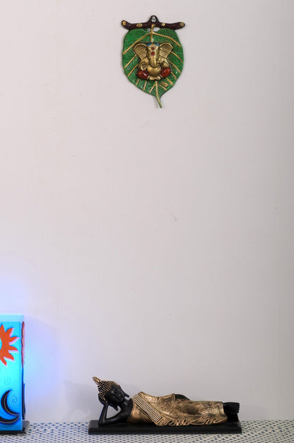 HomeSutra Lord Ganesha in Red Dhoti on Green Leaf Wall Hanging