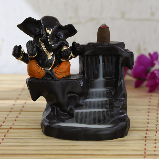 HomeSutra Lord Orange Ganesha Smoke Backflow Cone Incense Holder Decorative Showpiece with 10 free Smoke Backflow Scented Cone Incenses