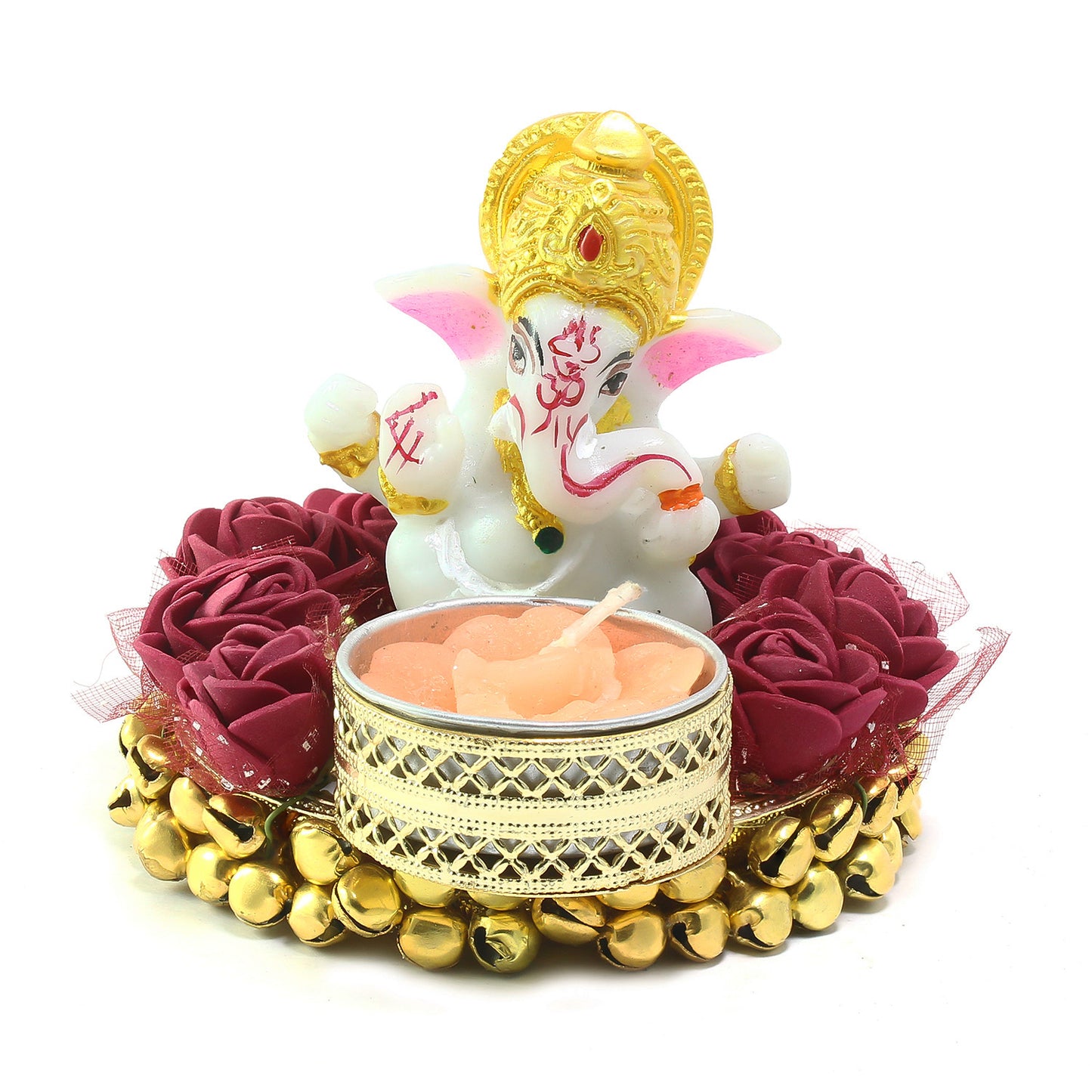 HomeSutra Lord Ganesha Idol on Decorative Plate with Tea Light Holder