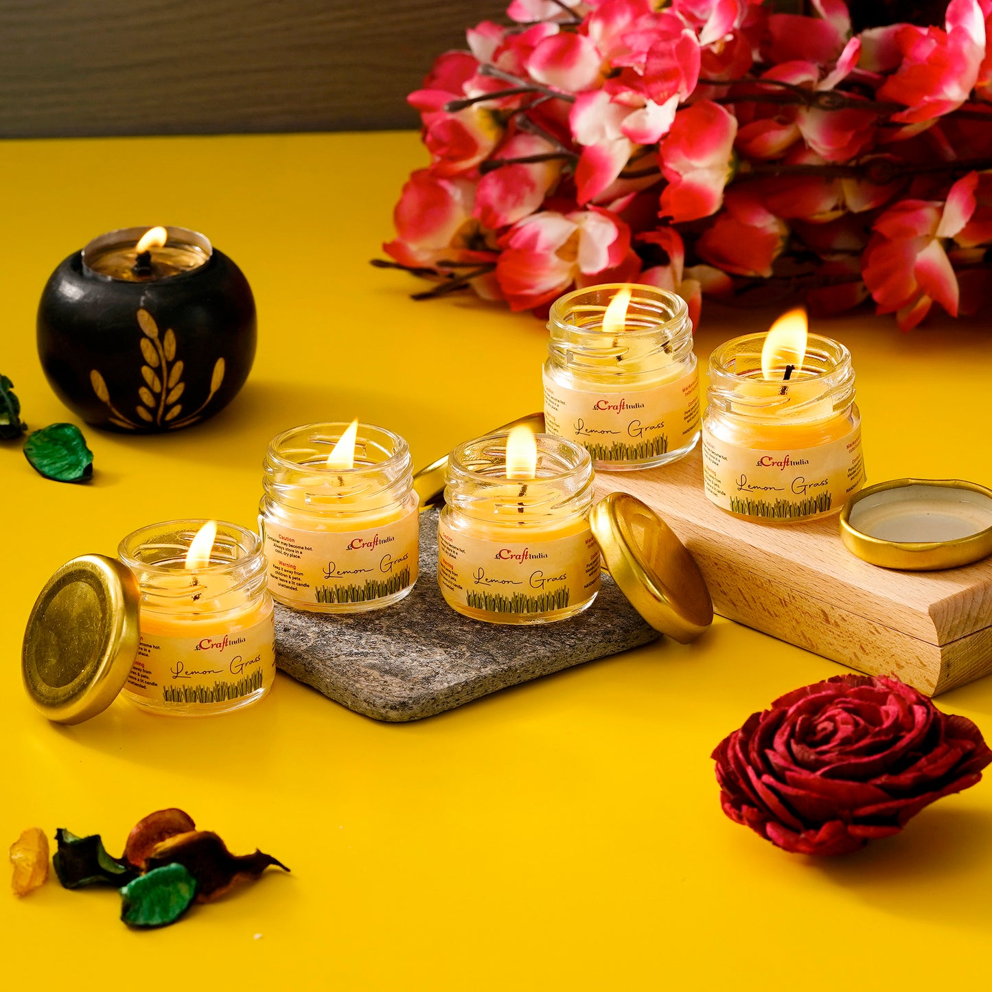 HomeSutra Set of 5 Lemon Grass Scented Minijar Candle