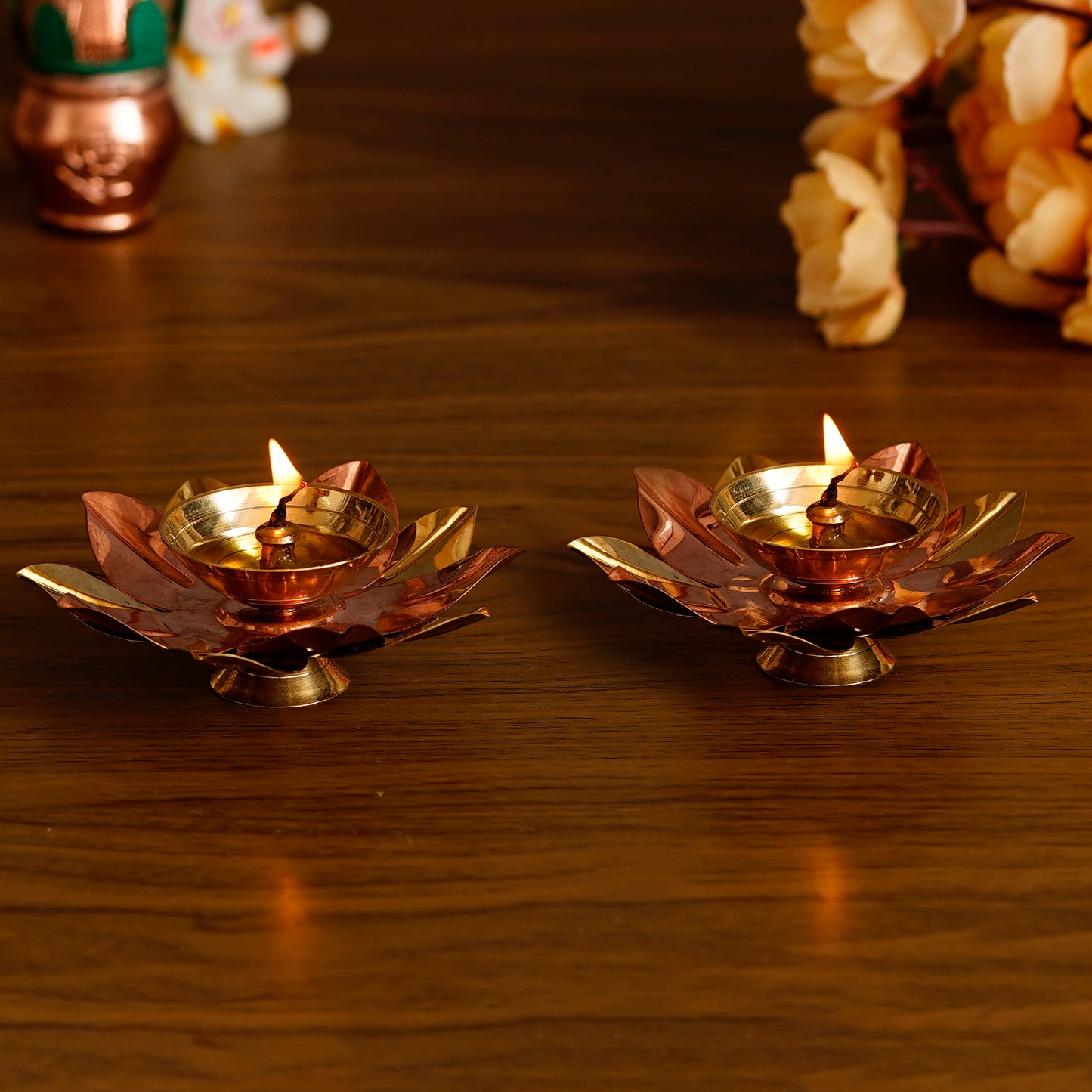 HomeSutra Set of 2 Floral Shape Metal Diya