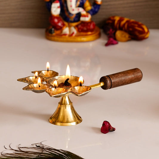 HomeSutra Brass Panchdeep Diya for 5 Cotton Wicks With Wooden Holder