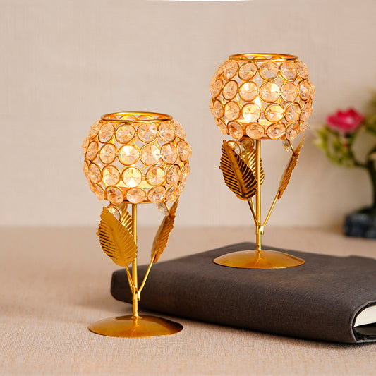 HomeSutra Set of 2 Glass With Leaf Shape Crystal Tea Light Holder