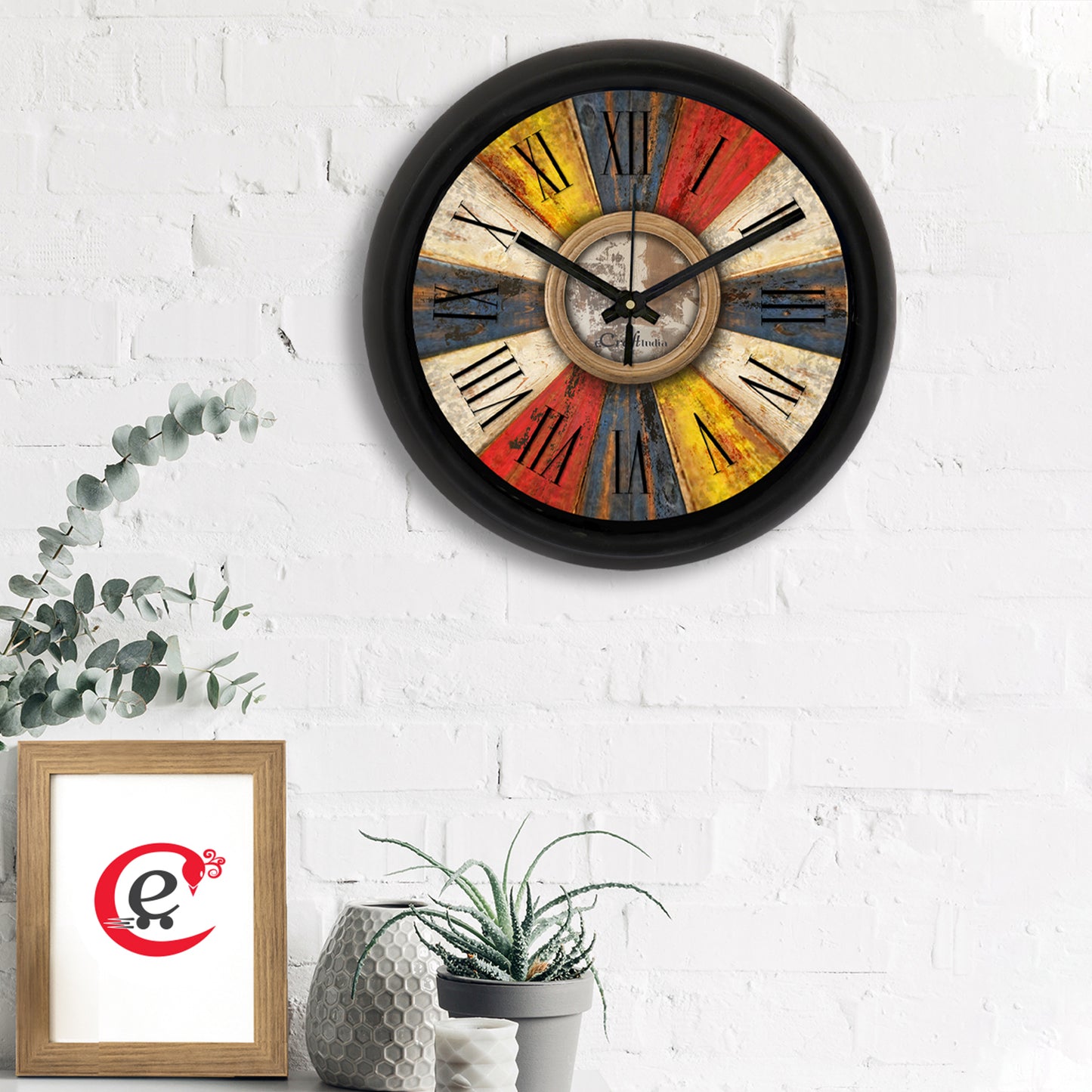 HomeSutra Rustic Multicolor Designer Round Analog Black Wall Clock