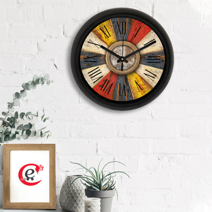 HomeSutra Rustic Multicolor Designer Round Analog Black Wall Clock