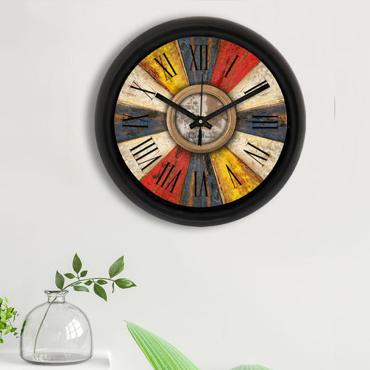 HomeSutra Rustic Multicolor Designer Round Analog Black Wall Clock