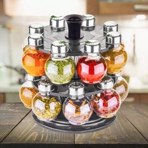 360 Degree Revolving Round Shape Transparent 16 Piece Spice Rack