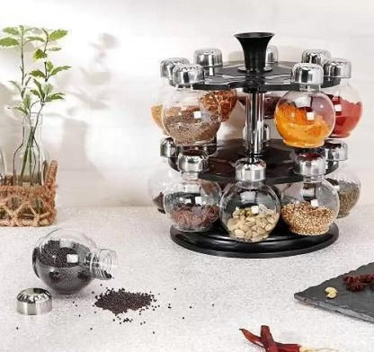 360 Degree Revolving Round Shape Transparent 16 Piece Spice Rack